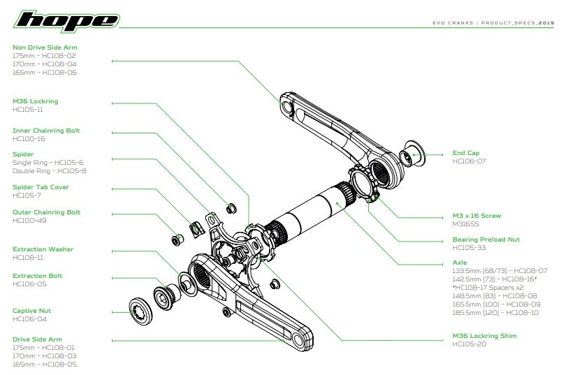 Hope EVO Crankset - Extraction Captive Nut - Green