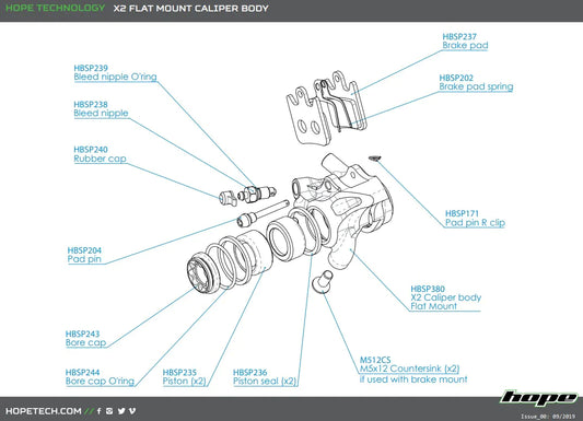 Hope X2 Flat Mount Caliper Complete - Silver