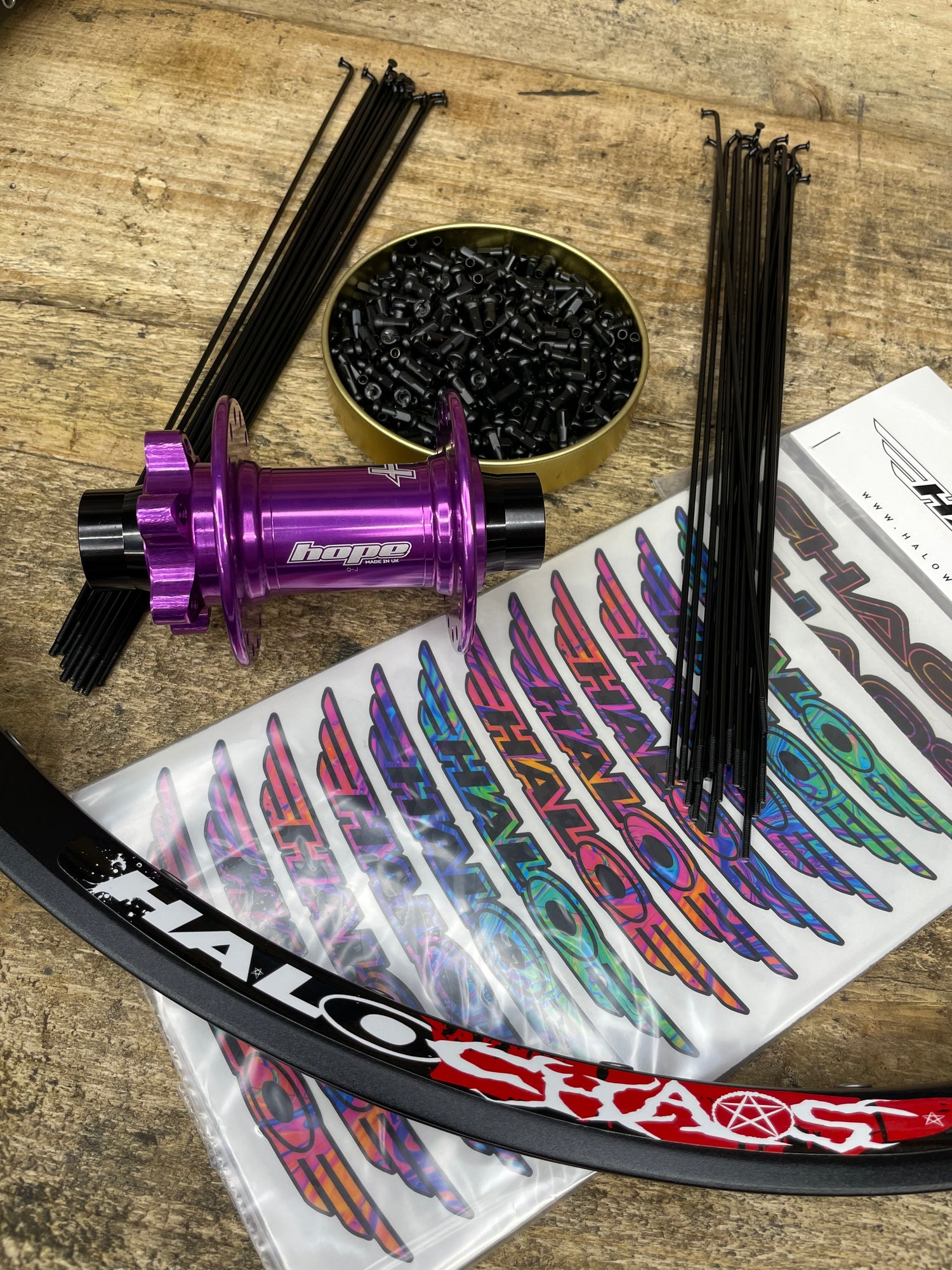 Slam69built Custom wheels with Halo Chaos Purple hubs and oil slick decals
