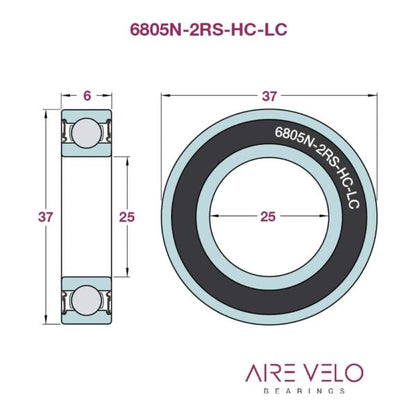 Airevelo - 6805N-2RS-HC-LC Hybrid Ceramic Low Contact Bearing - 25 x 37 x 6mm
