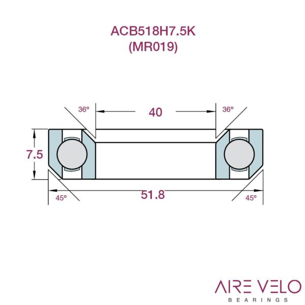 AireVelo ACB518H7.5K Headset Bearing - 40 x 51.8 x 7.5mm 36/45